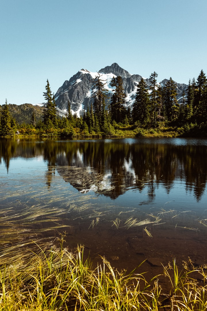 Snow-capped mountain range with reflecting lake in the foreground.